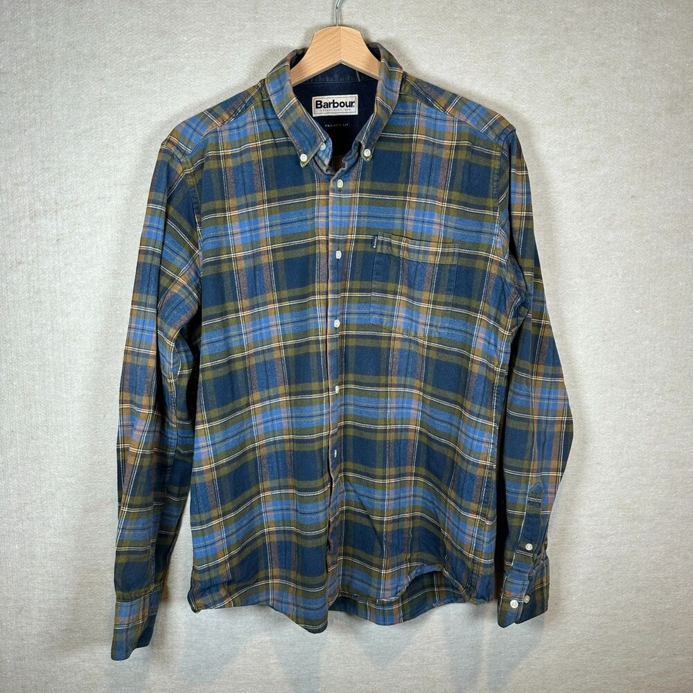Barbour Button Down Shirt Mens Medium Plaid Blue Green Long Sleeve Tailored Fit